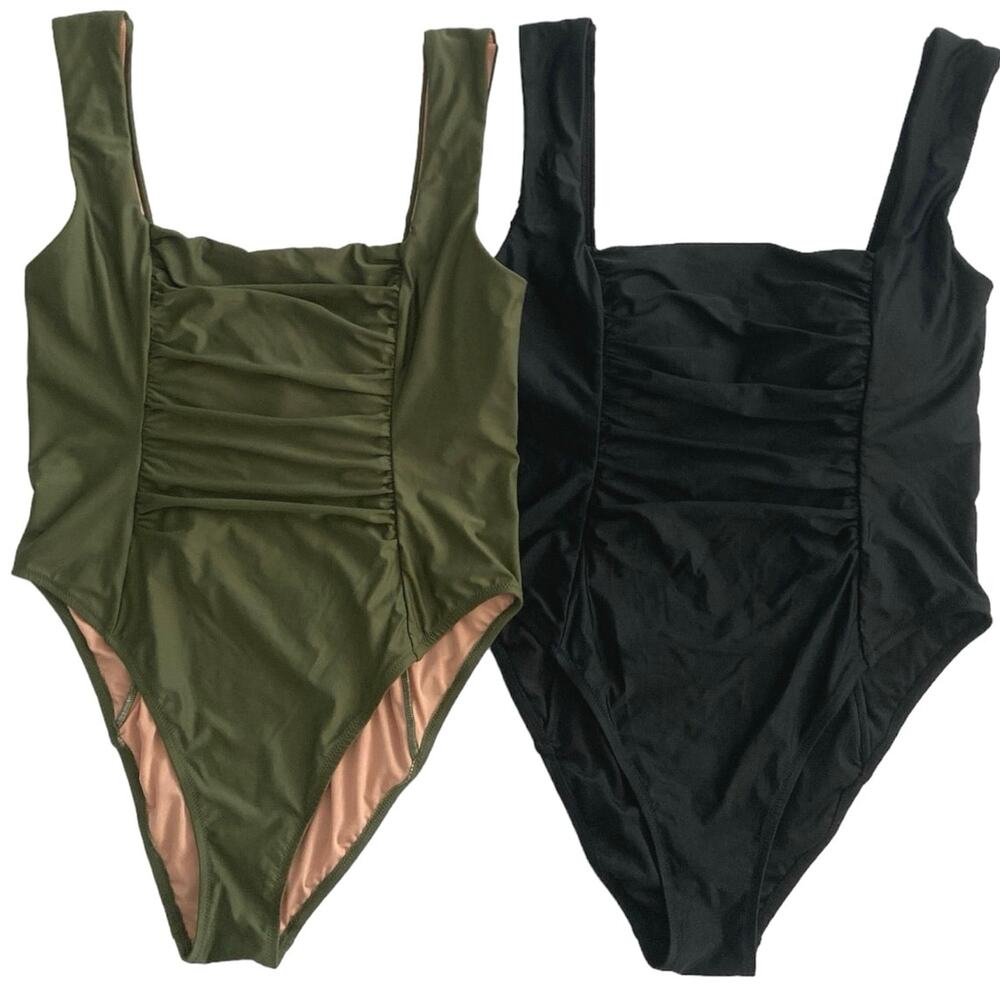 J. Crew Two Ruched Square Neck One Piece Swimsuit Green Black Plus Size 18